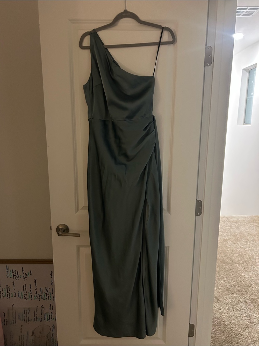 Lulu's One-Shoulder Sage Green Satin Gown